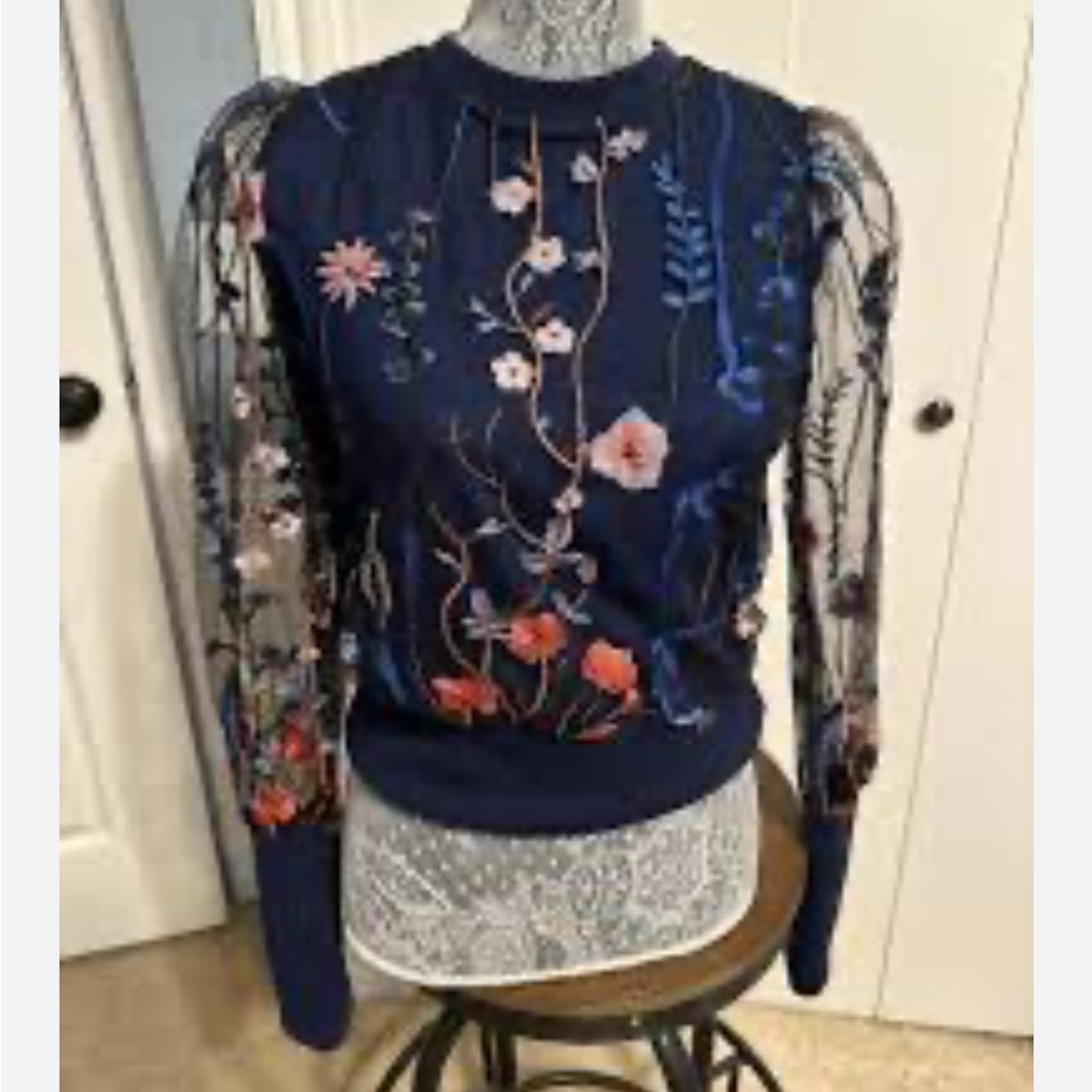 CBR Blue Floral Mesh Long Sleeve Top